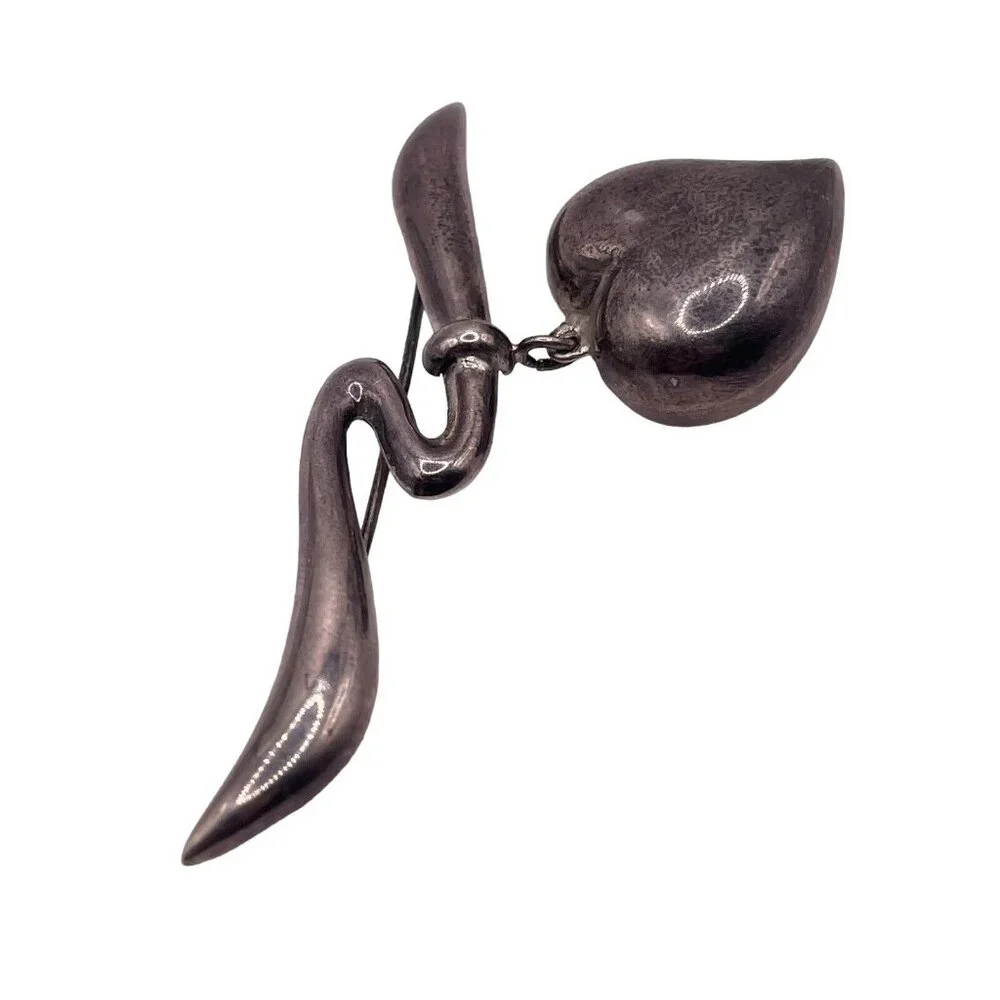 Vintage Sterling Silver 925 Puffy Dangle Heart Hollow Ribbon Brooch Pin 9g‎ MCM